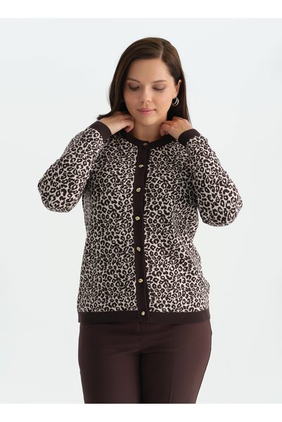 Brown Women's Crew Neck Leopard Cardigan 26Ksl4205