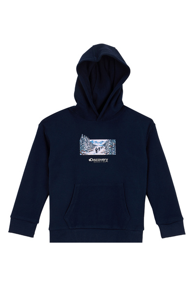 D6WB-SWT3038 Lacivert Erkek Çocuk Kapüşonlu Nakışlı Loose Fit Kanguru Cepli Swe