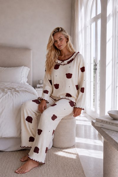 Pinterest Pattern Soft Buttoned Long Sleeve Ruffle Detailed Jakarta Luxury Fabric Pajama Set