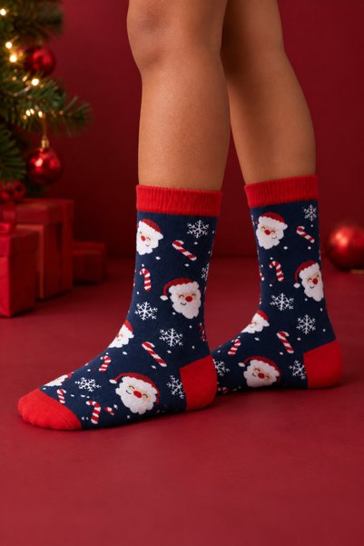 Children's Santa Claus Patterned Cotton Christmas Socks Navy Blue