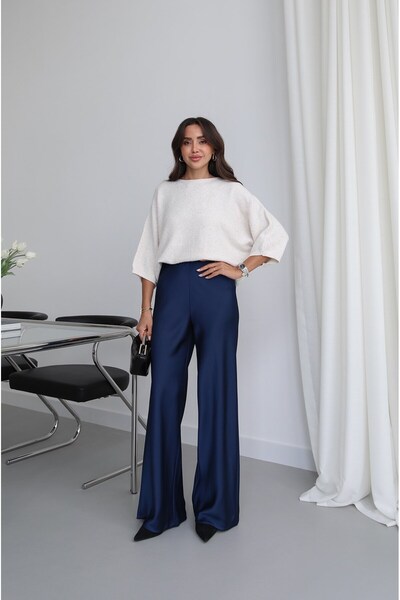 Navy Blue Draped Satin Wide-Leg Trousers