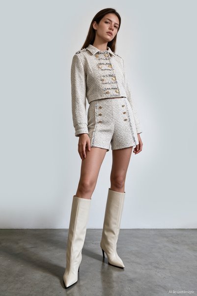 Double Row Buttoned Tweed Mini Shorts Ecru