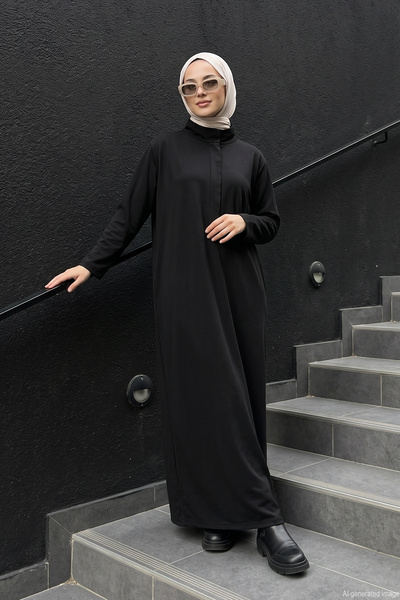 Turtleneck Bora Cotton Long Dress 711 Black