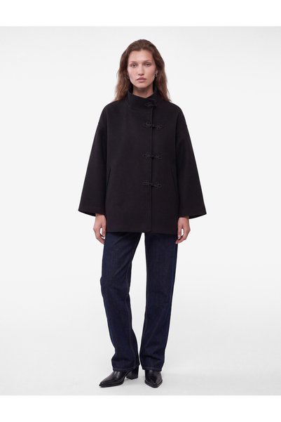 High Collar Oversize Cashmere Coat with Chinese Knot Detail and Pockets, Long Sleeves