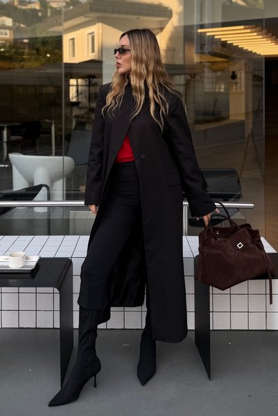Black Button Detailed Long Coat - 502335