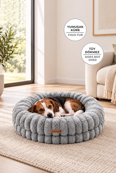 Fur Plush Orthopedic Cat Dog Pet Bed Washable Patichill Donut Gray