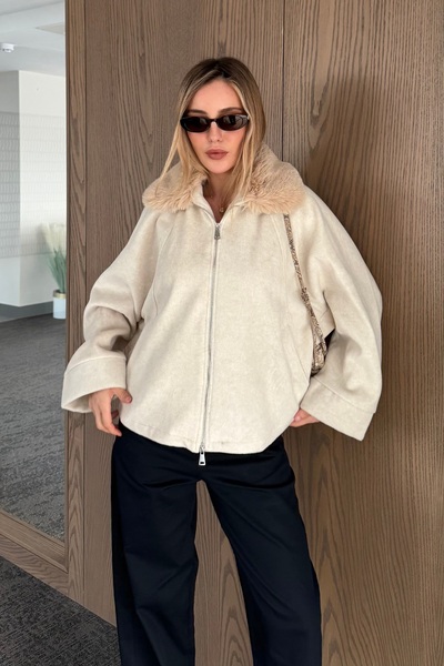 Stone Collar Fur Zipper Coat - 9660
