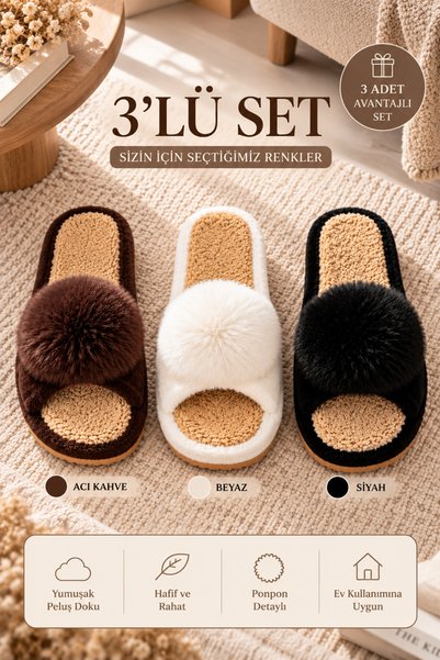 Women's 3-Piece Bitter Brown - White - Black Plush Open-Front Winter House Slippers with Single Pompom Detail and 3 cm Sole Byndset11