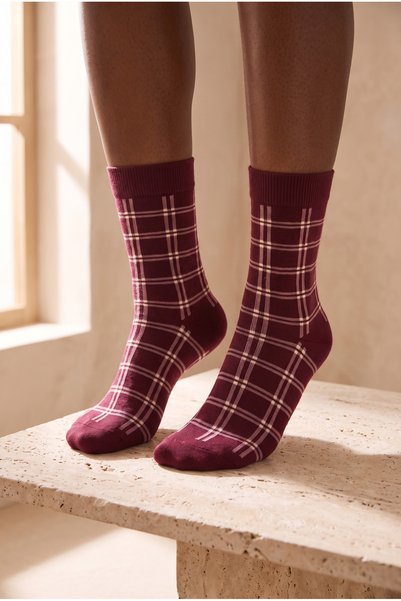 Unisex Plaid Cotton Socks Claret Red