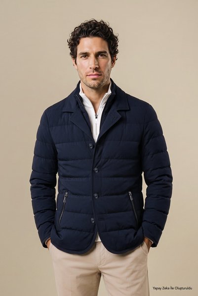 Men's Navy Blue Quilted Coat with Vest Detail and Stand Collar