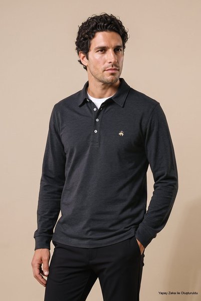 Men's Anthracite Melange Long-Sleeve Polo Shirt