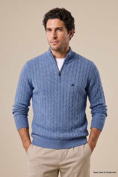 Men's Blue Cashmere Blend Knit Sweater with a Bato Collar and Patterned Design.