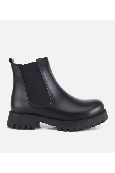 Women's Leather Black Elastic Detail Thick Sole Flat Boots