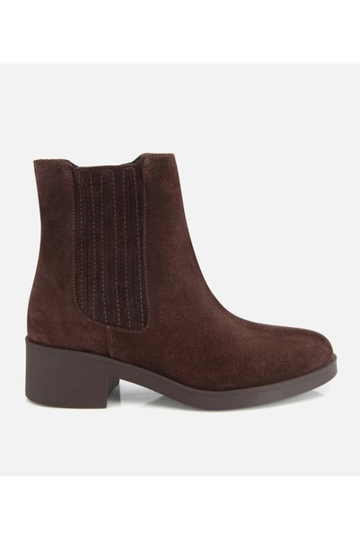 Women's Suede Leather Brown Flat Boots with Elastic Detail