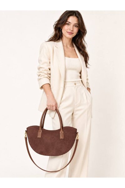 Women's Suede Half-Moon Shoulder Bag: Stylish Hand and Shoulder Bag with Boat-Shaped Shoulder Detail