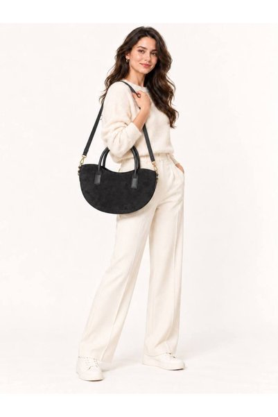 Women's Suede Half-Moon Shoulder Bag: Stylish Hand and Shoulder Bag with Boat-Shaped Shoulder Detail