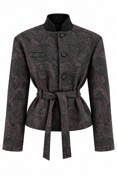 Black Patterned Belted Jacket - 2653