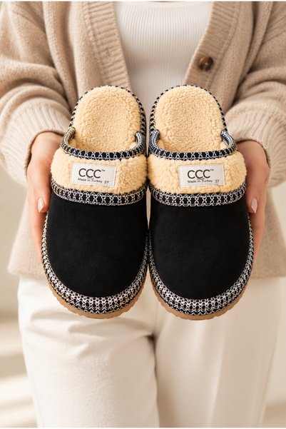 Women'S, Suede Textured, Fur Lined, Embroidery Detailed, Plush Detailed, Soft Sole House Slippers