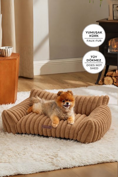 Faux Fur Orthopedic Cat and Dog Pet Bed, Patichill, Washable, Luna, Luxury Coffee Color.