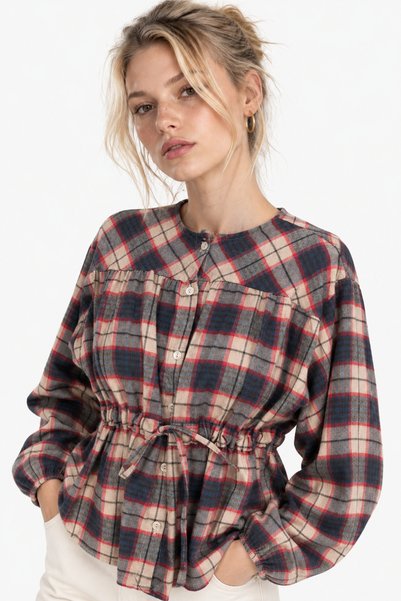 Women's Plaid Patterned Waist-Tie Shirt
