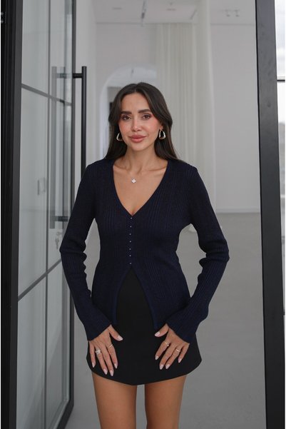 Navy Blue Metallic Threaded V-Neck Blouse
