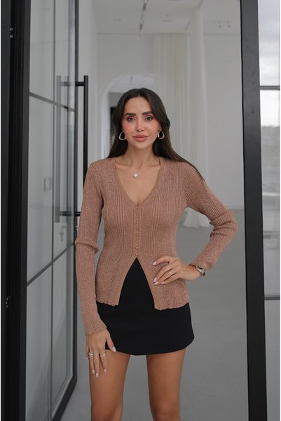 Dark Beige Metallic Yarn V-Neck Blouse
