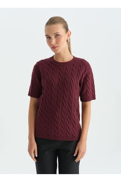 Burgundy Women's Round Neck Hair Knit Sweater 26Ksl8523
