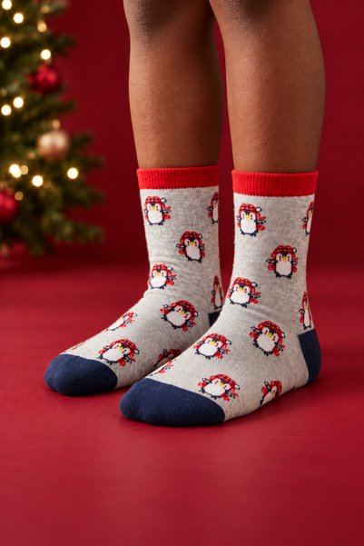 Children's Penguin Patterned Cotton Christmas Socks Gray