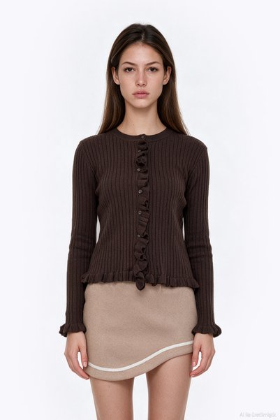 Ruffled Ribbed Knit Cardigan, Brown.