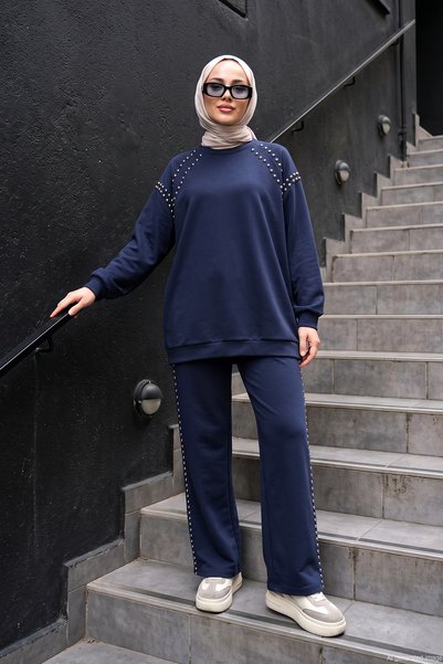Blouse and Pants with Patchwork Details Luna Set 945 Navy Blue