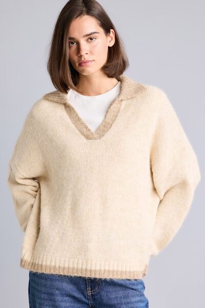 Oversized Polo Collar Sweater with Contrast Details, Wool Blend, Basic Style H2424Ax26Wn