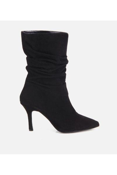 Women's Suede Leather Black Ruched Ankle Boots with Thin Heels.