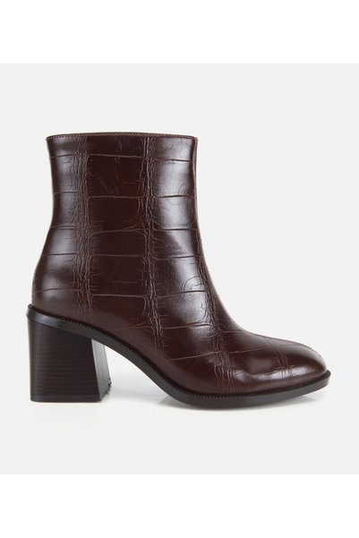 Women's Croco Brown Stitched Detail Heeled Boots