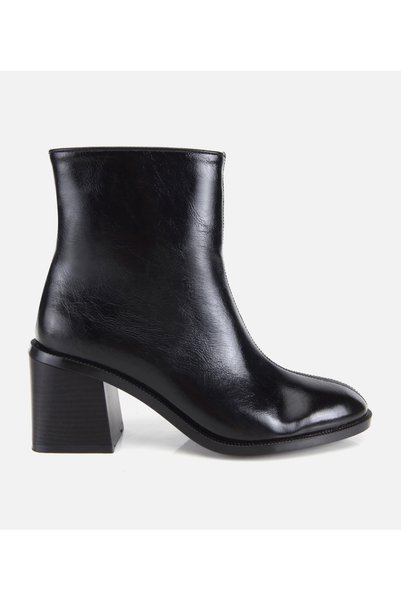 Women's Black Heeled Boots with Stitching Details.