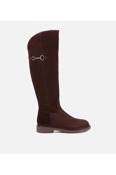 Women's Suede Leather Brown Ankle Boots with Buckle Detail.