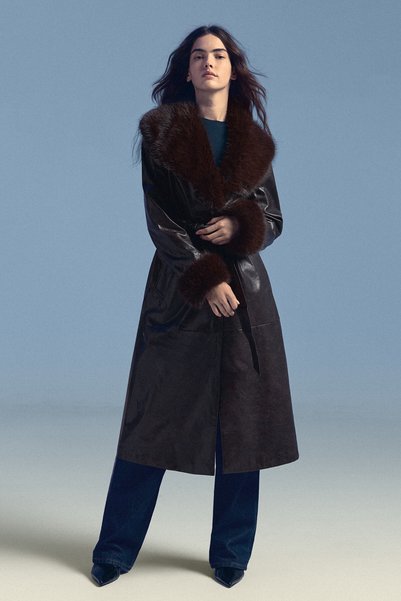 Faux leather coat with fur trim