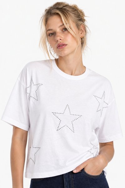 Star Printed Crop T-Shirt with Foil and Stone Detail