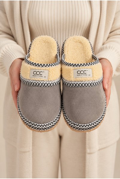 Women'S, Suede Textured, Fur Lined, Embroidery Detailed, Plush Detailed, Soft Sole House Slippers