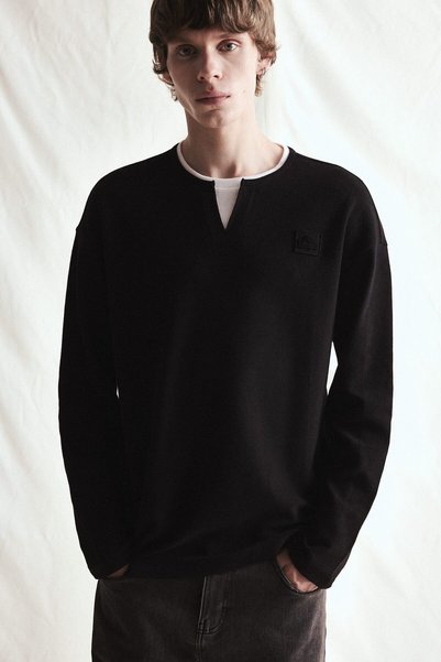 Boxy Fit Notched Detail Crew Neck Printed Sweatshirt H9870Ax26Wn