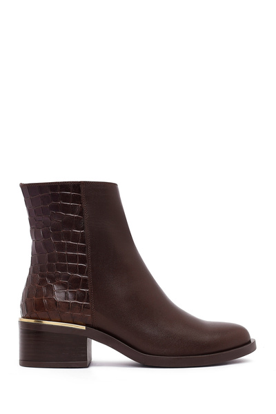 Women's Brown Zippered Short Thick Heeled Leather Boots Wf360002Dk