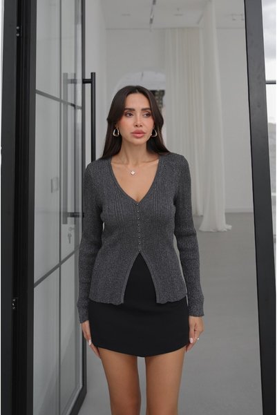 Anthracite Metallic Threaded V-Neck Blouse