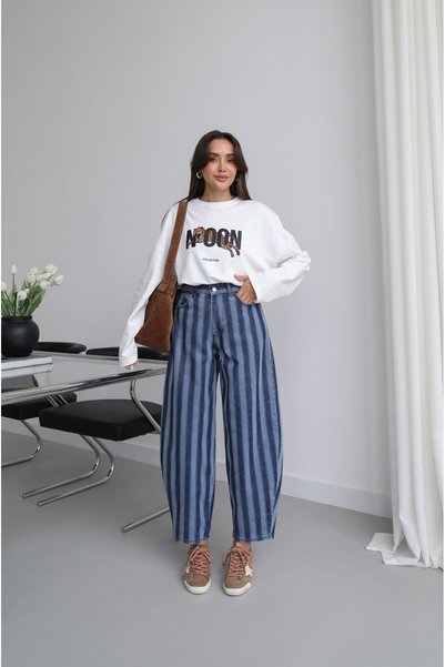 Blue Block Striped Tapered Fit Jean