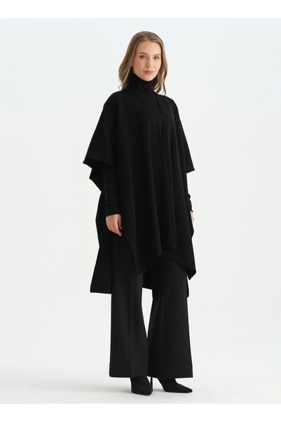 Black Women's V-Neck Embroidered Poncho 26Ksl4209