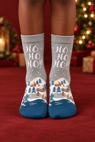 Children's Ho Ho Ho Patterned Cotton Christmas Socks, Green.