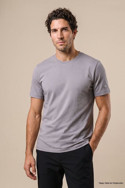 Men's Grey 100% Cotton T-Shirt with Patch Logo Detail and Bicycle Neckline.