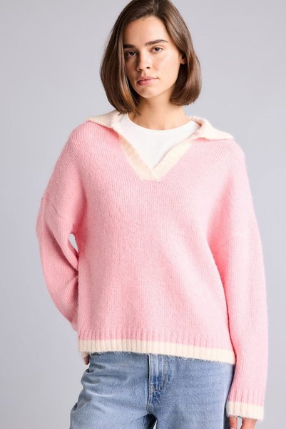 Oversized Polo Collar Sweater with Contrast Details, Wool Blend, Basic Style H2424Ax26Wn