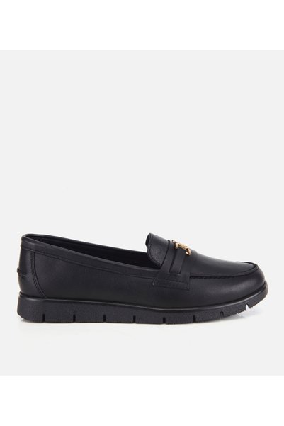 Women's Leather Black Buckle Detail Comfort Casual Loafers