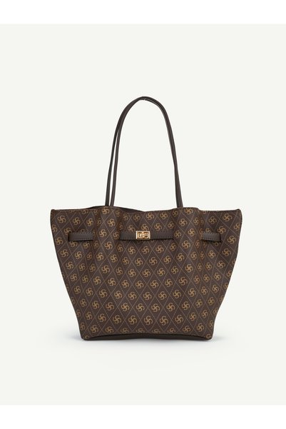 Monogram Printed Brown Shk159 Faux Leather Handbag, with Lining, Snap Closure, and Lock Detail on the Handle, Sleeve, and Shoulder Strap.