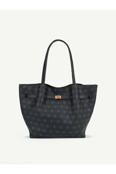 Monogram Printed Black Shk159 Faux Leather Handbag, Lined, with Snap Fasteners and Lock Detail, for Hand, Arm, and Shoulder Use.