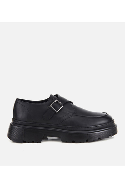Men's Leather Black Casual Shoes with Buckle Detail